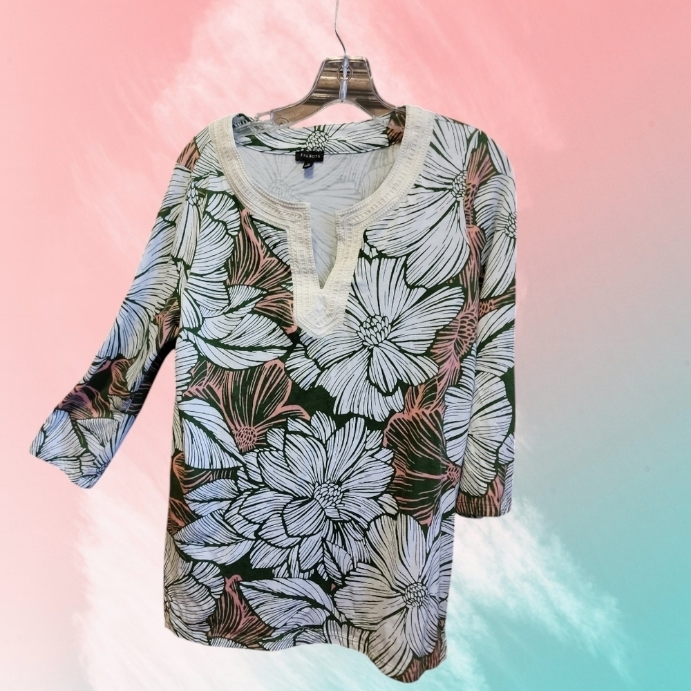 Talbots Floral Embellished V Neck 3/4 Sleeve Cotton Blend Tunic Top Medium T46